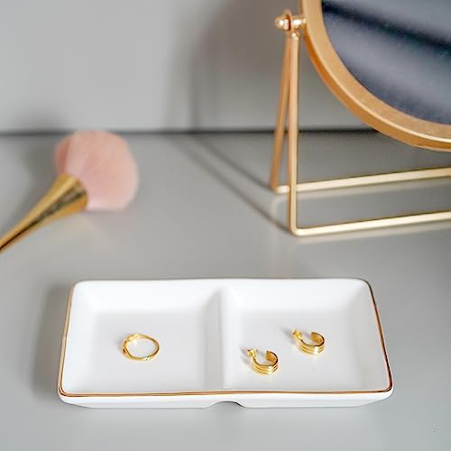 HANKOR Ceramic Jewelry Dish Tray, 2 Compartment Ring Dish, Decorative Trinket Tray for Rings, Earrings, Keys, Birthday Christmas Gifts, White - Image 2