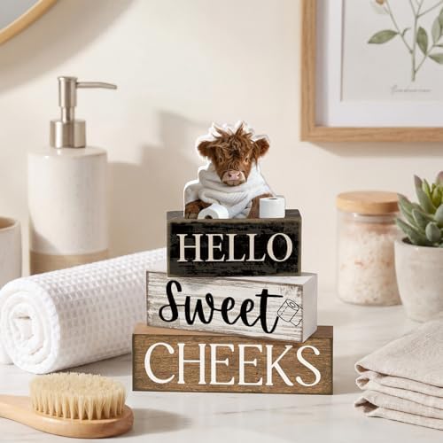 Moucuny 4 Pcs Highland Cow Bathroom Decor Wooden Signs, Farmhouse - Image 2