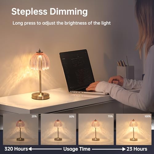 Shenmoyl Tulip Table Lamp with 5200mAh Battery & Touch Control, Cordless Small Table Lamp with 3 Colors, Dimmable Rechargeable Table Lamps for Living Room, Bedroom, Desk, Bedside (Clear Pink Tulip) - Image 3