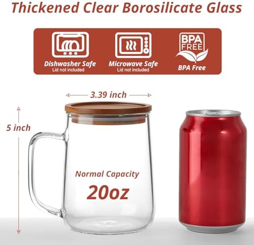 Large Glass Coffee Mugs, 20 oz Glass Coffee Cups with Acacia Wood Lids, Clear Borosilicate Glass Mugs with Handles for Cappuccino, Tea, Latte, Hot/Cold Beverages, Wine, Americano, Set of 2 - Image 2