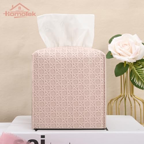 HOMOTEK 1 Pack Tissue Box Cover, Square PU Leather Tissue Holder, Decorative Facial Tissue Cube Paper Organizer Dispenser for Bathroom, Night Stands, Desk, Car 5X5X5'' - Rattan Weave, Macaron Pink - Image 4
