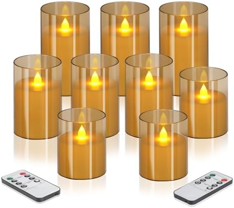 wemarry Flameless Candles 4" 5" 6" Acrylic Glass Pillars 3" Diameter Battery Operated Flickering Candles Include 8-Key Remote with Timer Function 400+ Hours (Amber, Warm Light 9 Pack) by wemarry