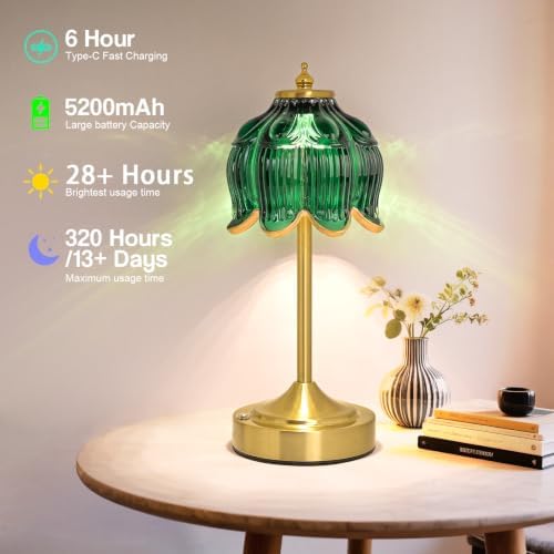 Cordless Table Lamp, Rechargeable Dark Green Glass Lotus Flower Lamp - Image 4