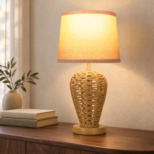 19" Boho Table Lamp with 100% Hand Woven Rattan Body & Wood Grain Finish by LEDIKON
