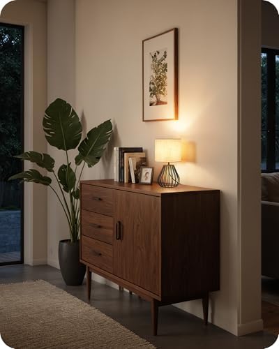 Small Bedside Table Lamp, Black Table Lamp with Metal Cage & Linen Lampshade, Modern Cute Desk Lamp, Cozy Nightstand Lamp for Bedroom, Living Room, Office, 2700K LED Bulb Included, E06TL05 - Image 2