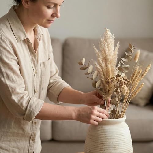 Rustic Terracotta Pot, 7 Inch Short Farmhouse Vase with Weathered Texture Off-White, Boho Home Decor for Pampas Grass, Tabletop, Mantel and Shelf Styling - Image 6