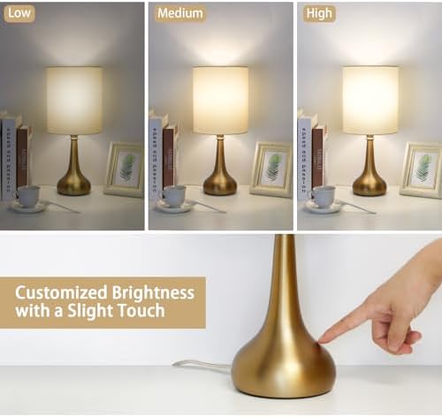 Set of 2 Bedside Touch Lamps, 16 Inch Dimmable Small Nightstand Lamp, Night Light Lamp Simple Touch Table Lamp with Brass Metal Base for Living Room Bedroom Office, A19 3000K Led Bulb Included - Image 2