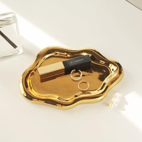 Jewelry Dish Trinket Tray for Women, Ring Dish Holder, Unique Cloud Shape Ceramic Plate Cute Things Vanity Aesthetic Room Decor Mother's Day Birthday (Gold) - Image 3