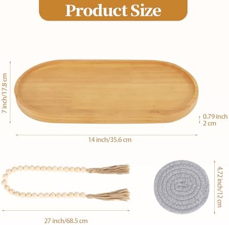 Wooden Candle Tray Holder 14 * 7 * 0.8 Inch Elliptical Decorative Serving Trays for Coffee Table Centerpiece Home Decor Wood Table Tray for Kitchen Counter with Beads Decor and 2 Coasters - Image 4