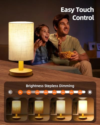 Small Touch Table Lamp for Bedroom, Portable LED Desk Lamps, 3 Color Stepless Dimming Up, Wood Base Round Flaxen Fabric Shade for Kids Room, Living Room, College Dorm, Home, Office - Image 7