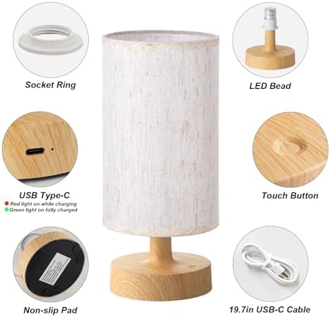 Kakanuo Cordless Table Lamp Rechargeable Small - 2 Pack Beige Wood, 4000mAh Battery Operated Lamp with Touch Control Stepless Dimming, Wireless Lamp for Bedside, Nightstand, Bedroom, Living Room - Image 6