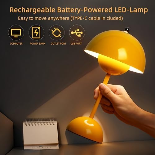 Flower Bud Lamp Cordless Mushroom Touch Table Lamp, Yellow - Image 3