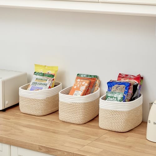R RUNKA Small Cotton Rope Basket – Storage Bin for Organizing (10.6" x 6.7" x 6.7"), Bathroom Storage Basket for Shelf, Counter & Closet（White & Mixed Camel） - Image 5