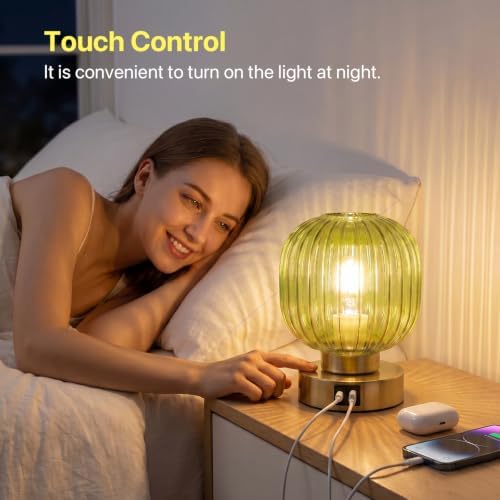 Elenhome Touch Table Lamp Set of 2, 3-Way Dimmable with Glass Shade, USB-C+A Charging Ports, Mid-Century Modern Small Bedside Lamps for Nightstand, Bedroom, and Living Room, LED Bulb Included (Green) - Image 2