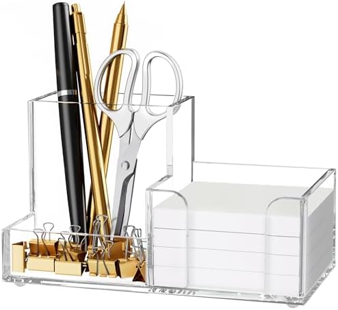 HBlife Acrylic Pen Holder for Desk, 3-Compartment Small Desk Organizer, Clear Office Supplies Desk Accessories with Sticky Notes Holder Stores Post It Notes 3X3 for Office, Home and School by HBlife