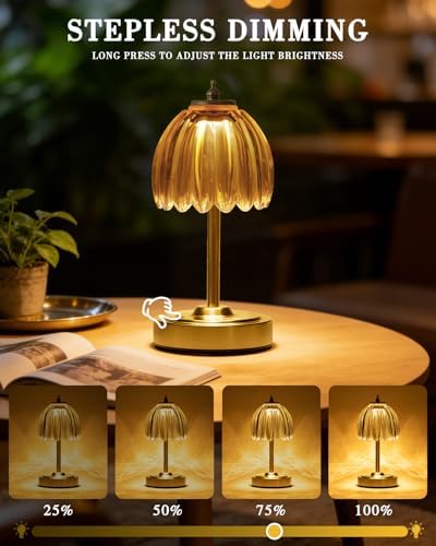 WERFOP Cordless Rechargeable Glass Flower Table Lamp (Amber) - Image 2