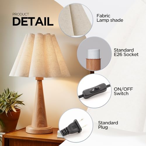 Modern Table Lamp with Petal Linen Lampshade, Light Faux Wood Metal Base, 20.5” Bedside Nightstand Lamp for Bedroom, Living Room, Office, E26 Base, Max 60W (Bulb Not Included) - Image 4
