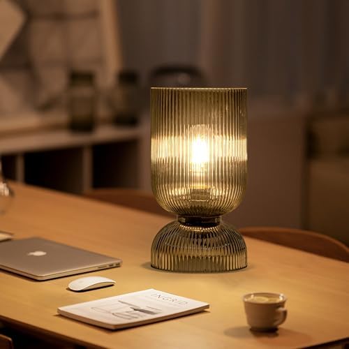 Modern Table Lamp,Glass Mid Century Lamp with Smoky Gray Glass Shade, Bedside Lamp with On/Off Switch, Minimalist Nightstand Lamp for Bedroom, Living Room, Office (Bulb not Included) - Image 5
