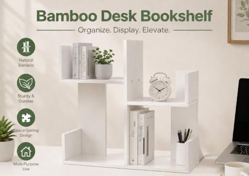 Modern 2-Tier Desk Bookshelf, Short Book Organizer, Display Shelf & Desktop Storage Rack, Space-Saving Desk Bookshelf for Books, Decor & Small Items, White - Image 3