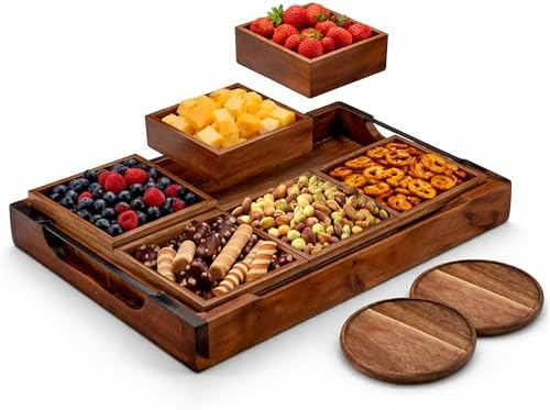 Belvi Modular Serving Tray & Coaster Set - Premium Acacia Wood | Snack Tray for Party Hosting - Trays for Serving Food, Charcuterie, Fruit Platter Tray for Parties, Appetizer & Dessert Trays by Unknown