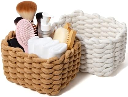 Small Cotton Rope Basket 2 Pack, Khaki White Shelf Bins for Desk Vanity by AmorousCat