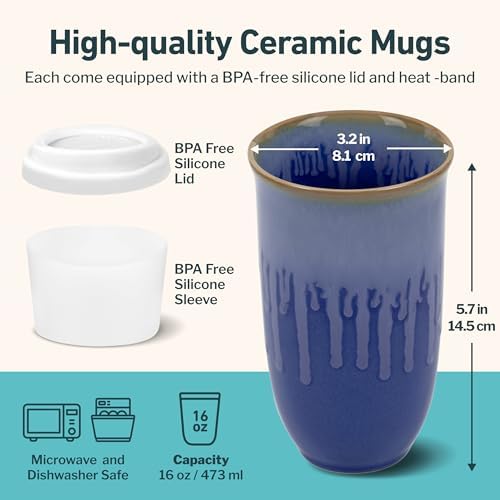 NOVA CERAMICS Ceramic Tumbler– Blue Ceramic Mug – Microwave & Dishwasher Safe Coffee White & Orange Tumbler - Leak-Proof Coffee Travel Mug – 16oz – Neptune - Image 3