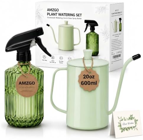 2 Pack Small Watering Can for Indoor Plants, 20 oz Metal Plant Watering Can with Long Spout for House Plants, 13.5 oz Glass Plant Mister Spray Bottle for Bonsai Garden Flowers Decorative by Unknown