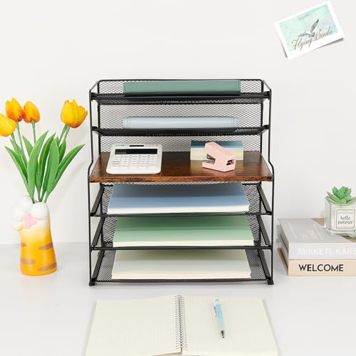 OPNICE Desk Organizer, 6-Tier Paper Organizer Letter Tray, Brown Wood - Image 6