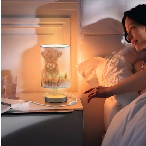 Cute Watercolor Highland Cow Sunflower Bedside Table Lamps with USB Port for Bedroom LampSmall Nightstand Lamp Sturdy Linen Shade Wooden Base Decorative Lamps for Nursery Kids Reading Dorm Home - Image 7