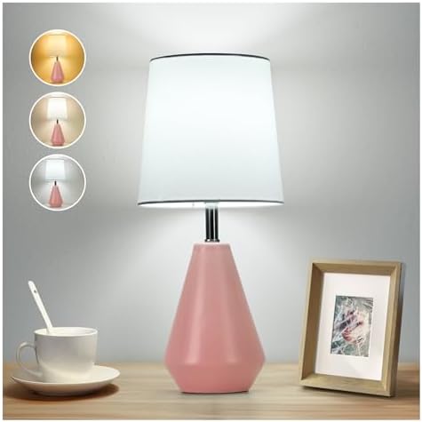 Small Bedside Table Lamp for Bedroom - Reading Desk Lamp with 3 Color Temperatures，15.5" Nightstand Ceramic Lamp with Fabric Shade for Kids Room,Living Room,Dorm,Home Office (Pink+White) by Illuminatingyoumeandhim