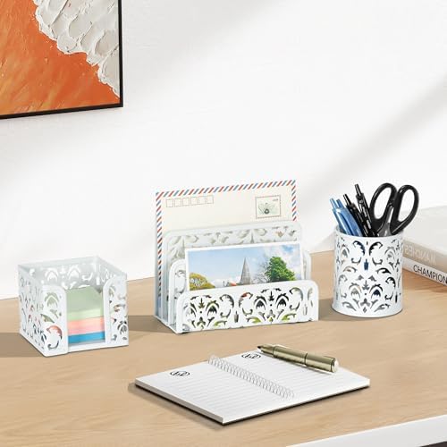 EasyPAG Desk Organizers and Accessories 3 Pieces Office Organizer Set - Pen Holder for Desk, Mail Sorter Countertop and Sticky Note Holder, White - Image 3