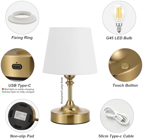 Kakanuo Mini Cordless Table Lamp Gold - 1 Pack 4000mAH Battery Operated Lamp for Decor, 3000K Stepless Dimming Touch Control Rechargeable Lamp for Bedroom, Dining Table, Counter, Living Room - Image 5