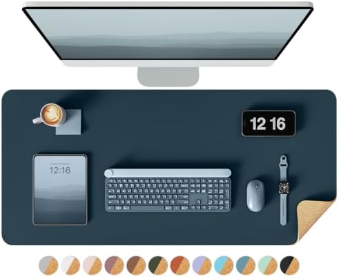 YSAGi Double-Sided Desk Pad, 31.5"x15.7"Leather Desk Mat, Eco Cork Desk Pad Protector,Large Mouse Pad,Waterproof Desk Blotter for Office/Home(Dark Blue) by YSAGi