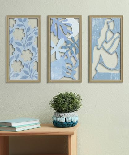 Putuo Decor Boho Floral Wall Art, Minimalist Blue Flower Botanical Wooden Wall Decor with Women Figure Patterns, Modern Aesthetic Print Art for Bedroom Bathroom Living Room Office Set of 3 - Image 6