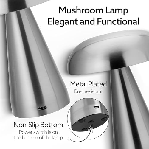 Brushed Silver Mushroom Table Lamp, Cordless Rechargeable LED Metal Lamp, Tap Touch 3-Color Modes Changing Light, Small Portable Accent Lamp for House, Restaurant, Hotel, Bars, Travel, Emergencies - Image 5