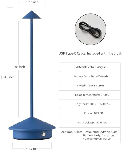 Modern Cordless Table Lamp Set of 2, Blue Portable LED Desk Lamps - Image 5