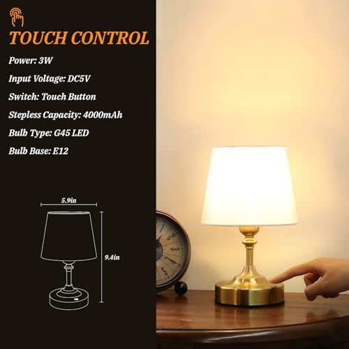 Kakanuo Mini Cordless Table Lamp Gold - 1 Pack 4000mAH Battery Operated Lamp for Decor, 3000K Stepless Dimming Touch Control Rechargeable Lamp for Bedroom, Dining Table, Counter, Living Room - Image 6