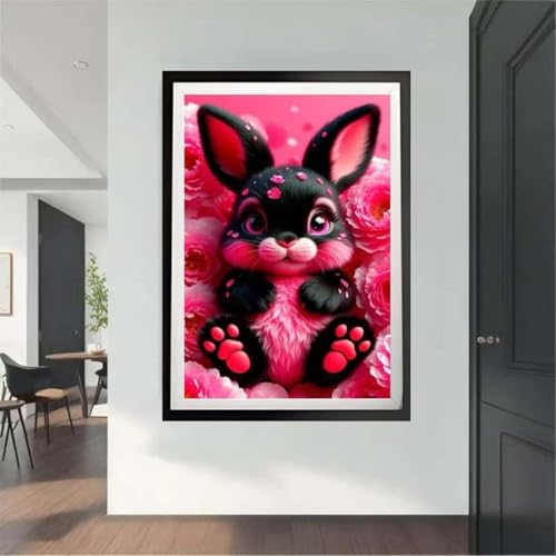 OJTOYART Black Rabbit Diamond Painting Kits for Adults, Pink Flowers 5D Diamond Art Kits for Beginner,DIY Round Full Drill Diamond Dots Craft Kits for Home Wall Decor 12 x 16 ihch - Image 4