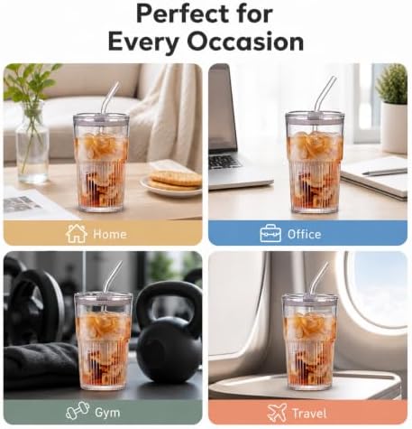16oz/470ml Ribbed Glass Iced Coffee Tumbler with Lid and Straw, Thick-walled Clear Drinking Glass Cups for Cold Brew, Matcha, Smoothies, Leak-Resistant BPA-Free Travel Mug - Image 3