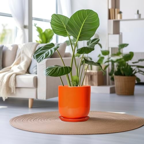 12 Inch Pots for Plants - Ceramic Planter with Drainage Hole and Saucer, Decorative Round Large Plant Pot for Indoor Outdoor Plants, Plant Lover Gifts, Home Office Garden Decor, Orange - Image 2
