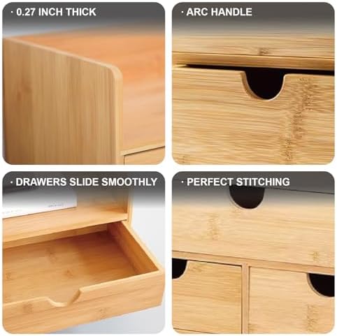 3 Drawer Bamboo Desk Organizer with Shelf – Makeup Storage & Tabletop Organizer for Home Office, Workspace, or Bathroom – No Assembly Required - Image 6