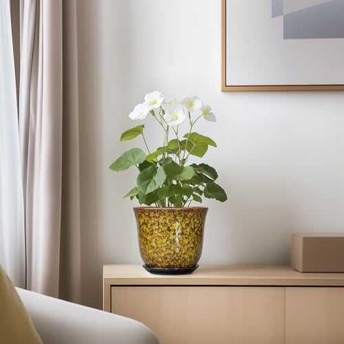 Ceramic Plant Pots - 5.6 Inch Planter with Drainage Hole and Saucer, Succulent Orchid Pots for Indoor Outdoor, Small Round Flower Pot, Room Window Office Decor, House Warming Gifts, Yellow - Image 6