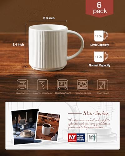 famiware Coffee Mug Set of 6, Star 12 oz Ceramic Mugs Cups Set with Handle - Image 4