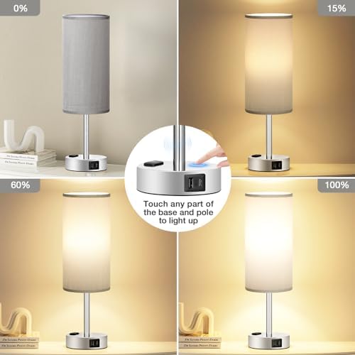 Fenmzee Grey Bedside Lamp for Bedroom, Dimmable Touch, USB A+C, AC Outlet - Image 2