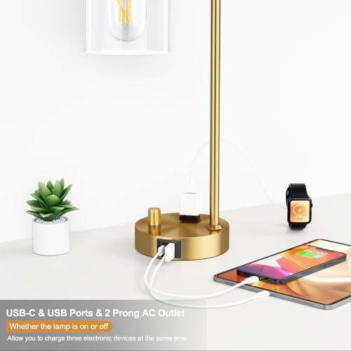 Innqoo Gold Table Lamp for Bedroom - Industrial Bedside Lamp with USB Port and Outlet, Fully Dimmable Nightstand Lamp with Clear Glass Shade, Small Desk Lamps for Home Office - Image 3