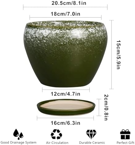 Ceramicfor 8 Inch Plant Pot - Ceramic Planter with Drainage, Dark Green - Image 3