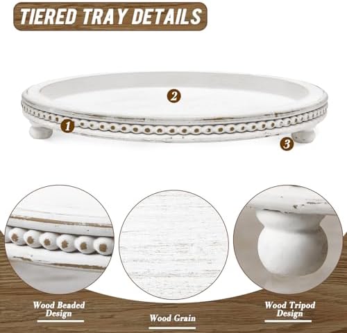 Handmade 12 Inch Decorative Tray, Small Beaded Tray Coffee Table Decor, White Washed Round Wooden Tray for Coffee Table, Dining Room Table Entryway and Living Room - Image 5