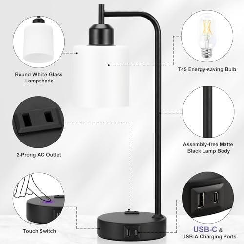 Industrial Touch Bedside Lamps for Bedrooms Set of 2 - 3-Way Dimmable Nightstand Lamps with USB C+A Ports and Outlet, Table Lamps with Opal Glass Shade for Living Room, Desk Lamps for Home Office - Image 7