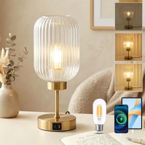 LAMSU Vintage Gold Touch Table Lamp, Small Desk Lamp with Clear Glass Shade, Bulb, Charging Port, Mid Century Modern Bedside Lamp, 3 Way Dimmable Nightstand Lamp for Bedroom Living Room Home Decor by LAMSU