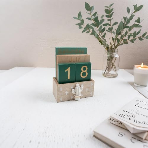 Notakia Perpetual Calendar, Wooden Calendar for Home Office Desk Accessories Vintage Wood Block Calendar(Green) - Image 7